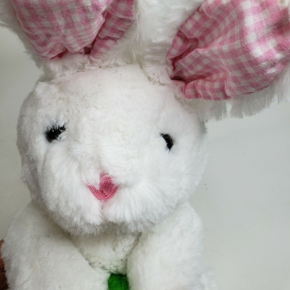 New Concepts Plush White Easter Bunny Rabbit Pink Gingham Flower Clean - Picture 9 of 10